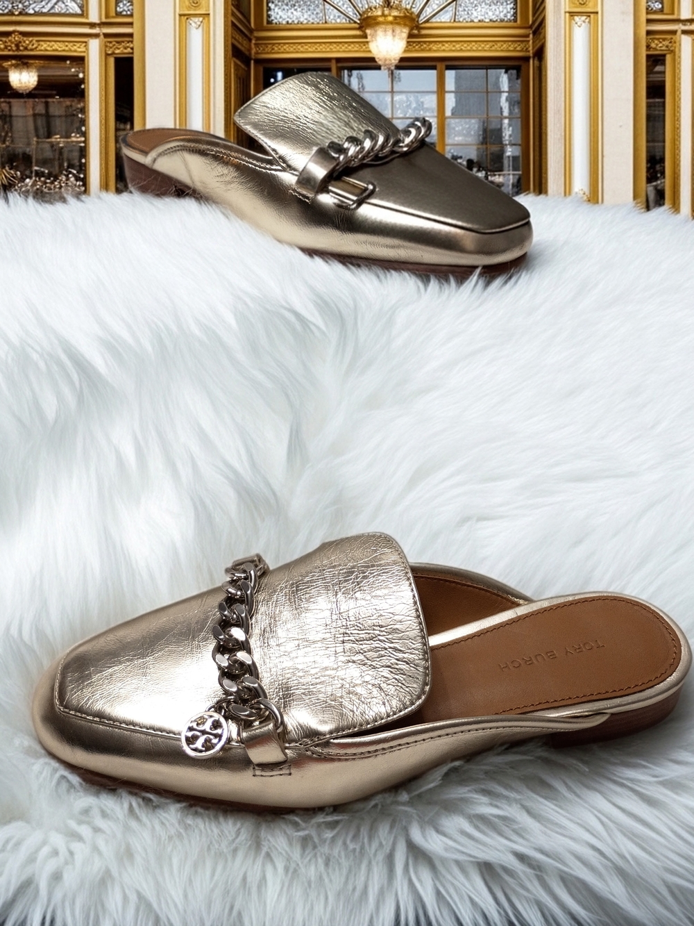 Tory Burch Mini Benton Metallic Spark Gold Loafer Chain-Trim Backless Mule Slide
